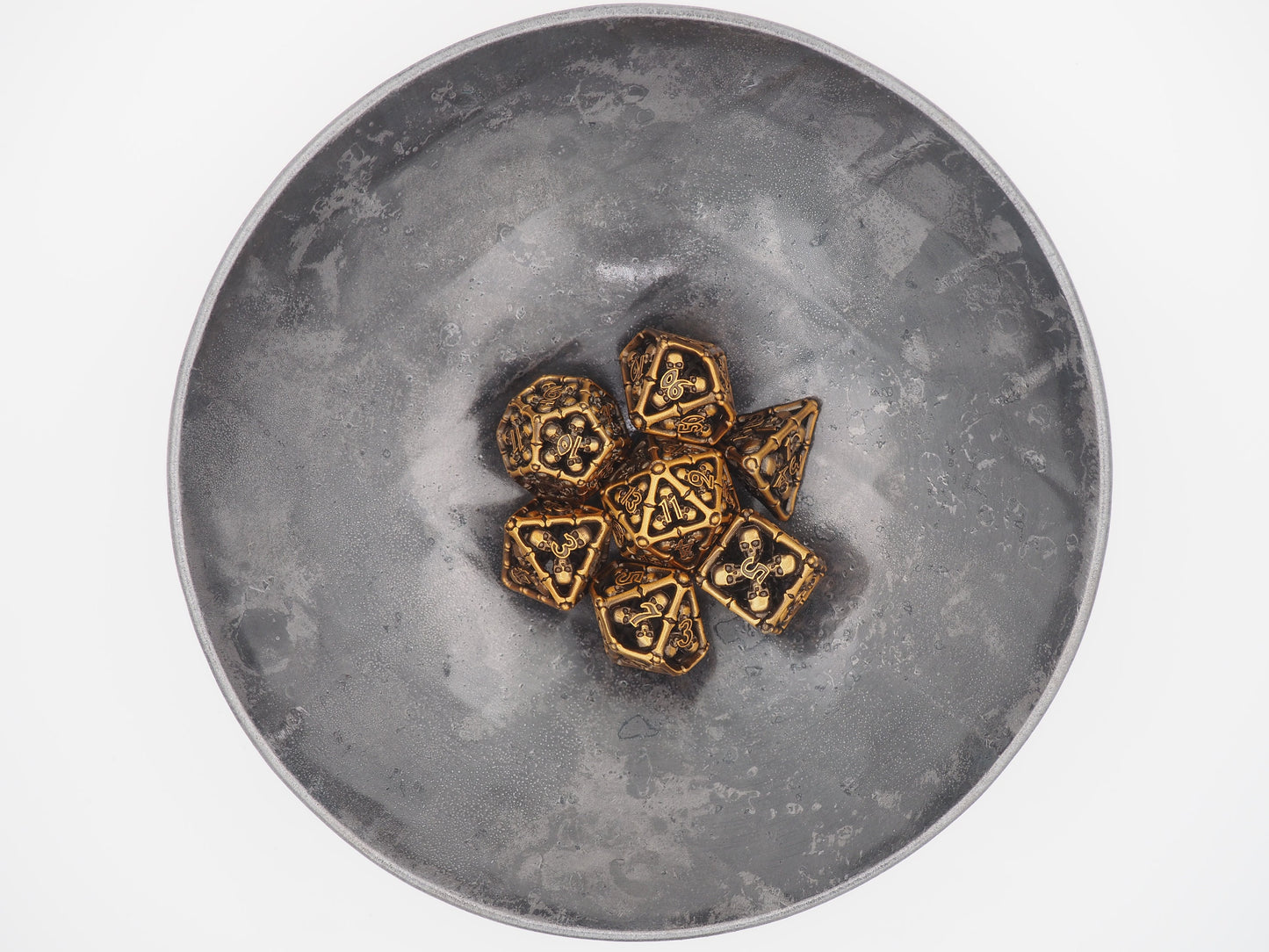 Catacombs Skeleton Copper Metal Hollow 7pcs D20 Dice Set-D&D Dungeons And Dragons/MTG/RPG/TableTopGames-Memento Mori/Skull/Vanitas/Gothic
