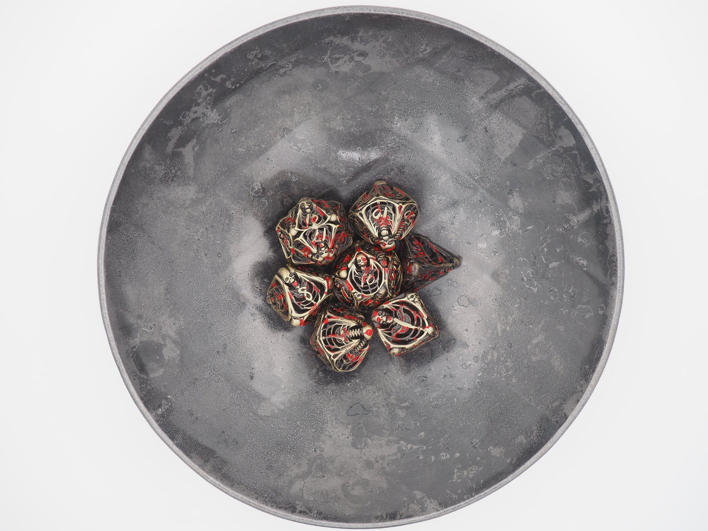 Demon Skeleton Gold Blood Stained Metal Hollow 7pcs D20 Dice Set-D&D Dungeons And Dragons/MTG/RPG/TableTopGames-Memento Mori/Skull/Vanitas