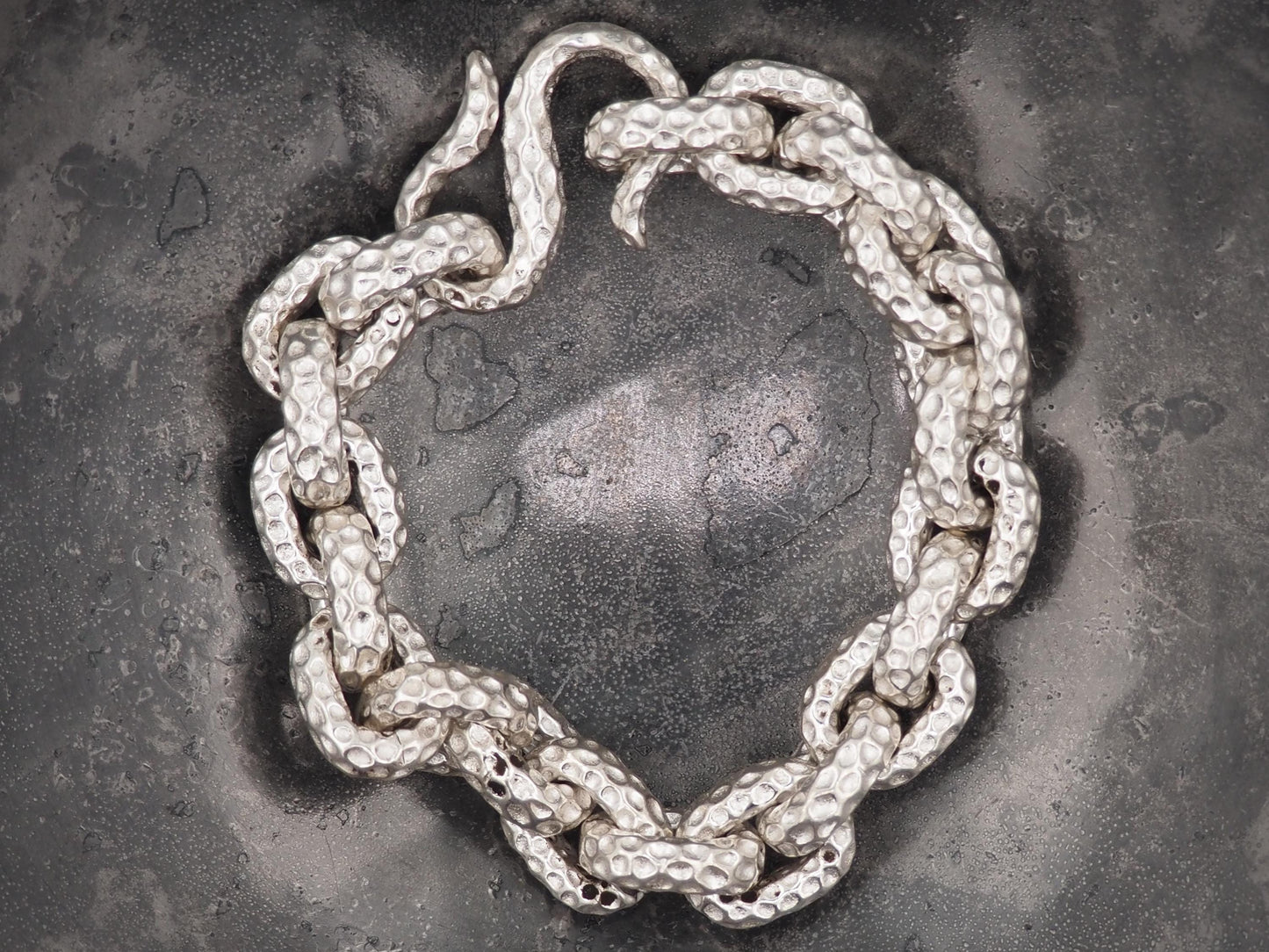 Original Memento Mori Design, Pitted Chain Silver Hook Bracelet - A Heavy Hand Forged, Gothic Gift For Him Or Her - Silver Covered