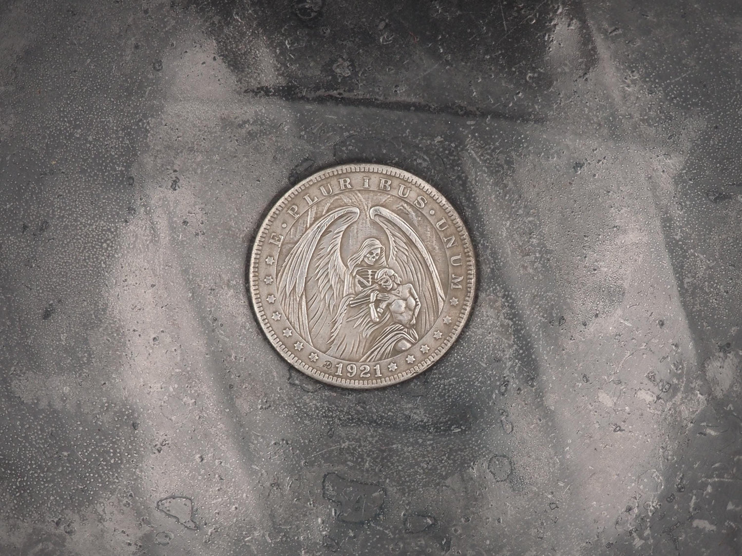 Hand Struck Flip Good Luck Coin - Angel Of Death - MementoMori/Skeleton/Skull .999 Silver Plated Replica Token/Medal