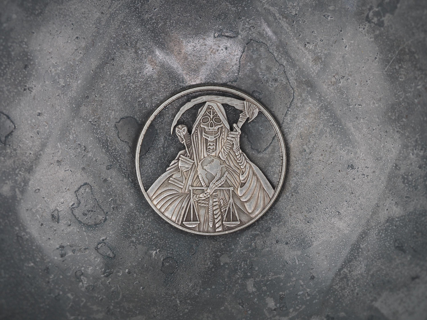 Grim Reaper With The Whole World In His Hands Morgan Hobo Hand-Cut Coin – Skull/Memento Mori/Hell/Vanitas – Collectible Or Pendant