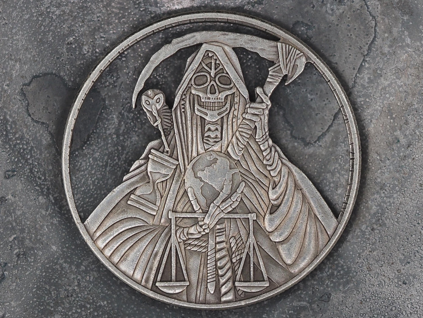 Grim Reaper With The Whole World In His Hands Morgan Hobo Hand-Cut Coin – Skull/Memento Mori/Hell/Vanitas – Collectible Or Pendant