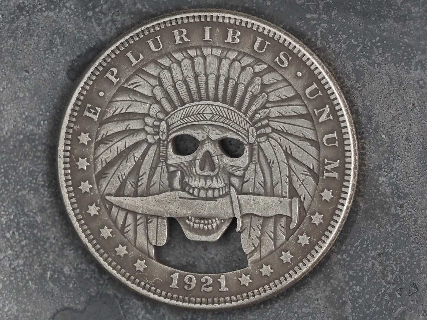 Cut Indian Warrior Skull Morgan Hobo Coin - Memento Mori/Native/Wild West Cowboy/Rancher/Fun/Gift – Collectible Or Pendant
