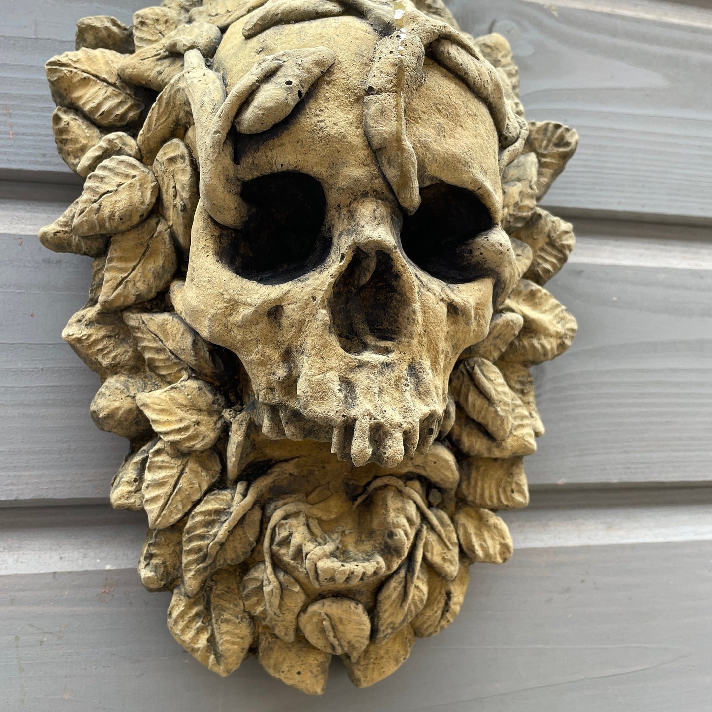 Aged Macabre Gothic Oddity: A Memento Mori Occult Spirit / Green Man Skull Sculpture / Vanitas Death Mask Art Curio