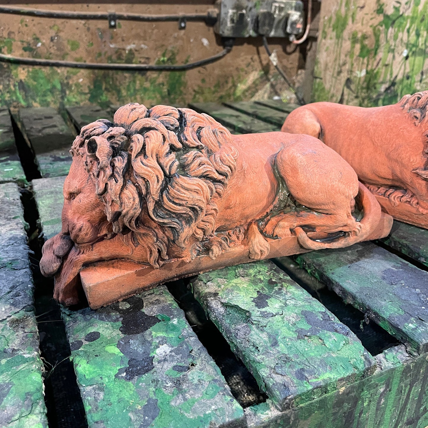 Terracotta Colour Decorative Italianesque/Romanesque Vanitas Sculpture - Architectural Salvage/Country House Chatsworth Pair of Royal Lions
