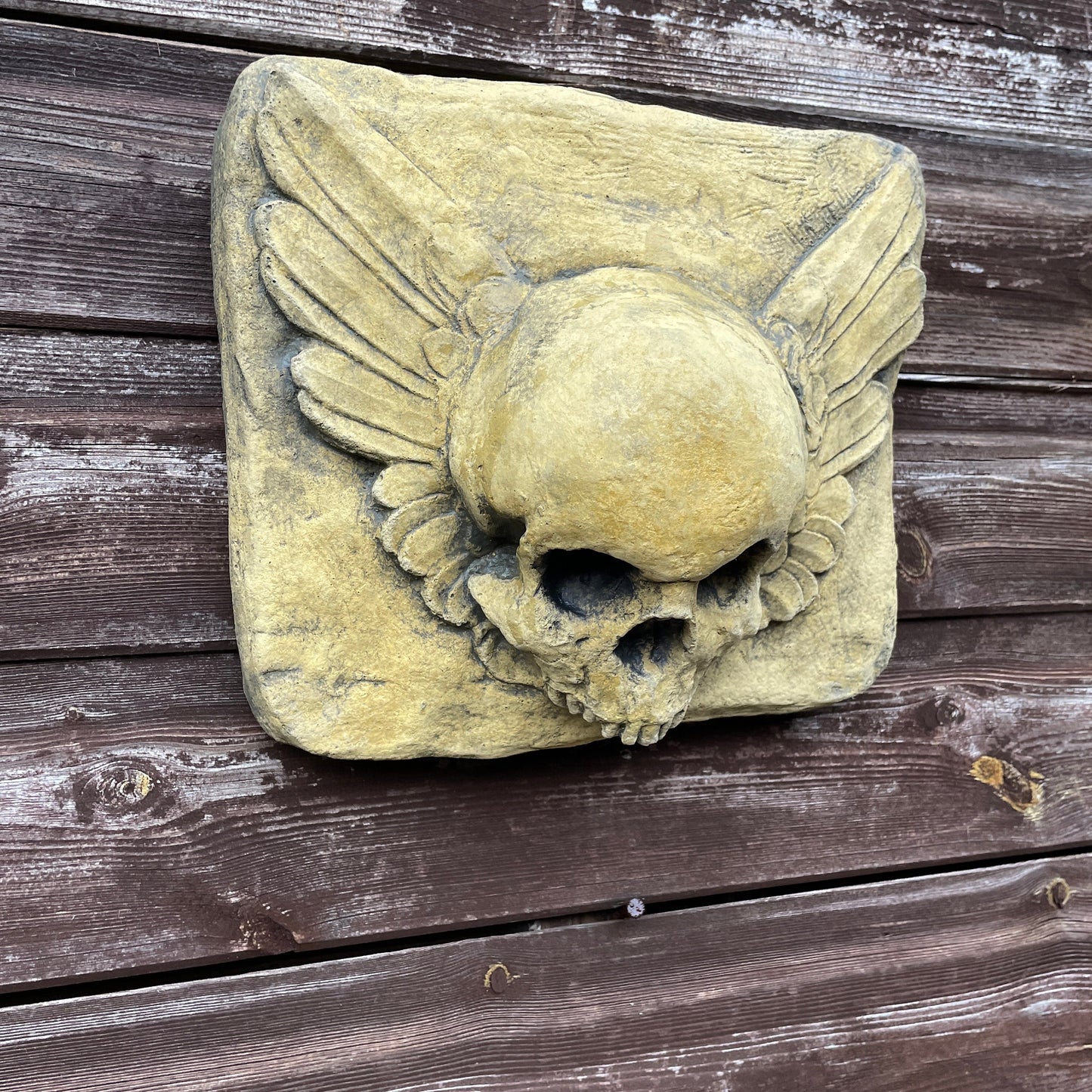 Aged Masonic Curiosity / Oddity: A Memento Mori Skull Angel Winged Cartouche Sculpture / Vanitas Gothic Death Art Curio
