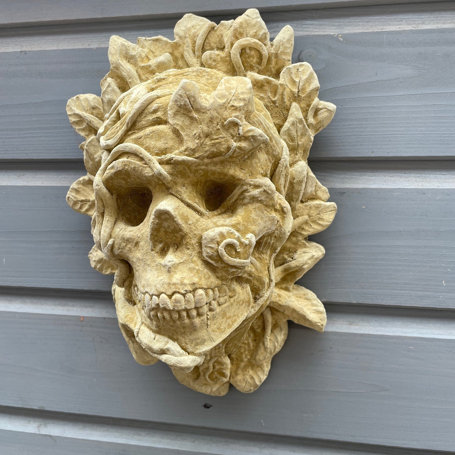 Plain Macabre Gothic Oddity: A Memento Mori Occult Spirit / Closed Mouth Green Man Skull Sculpture / Vanitas Death Mask Art Curio