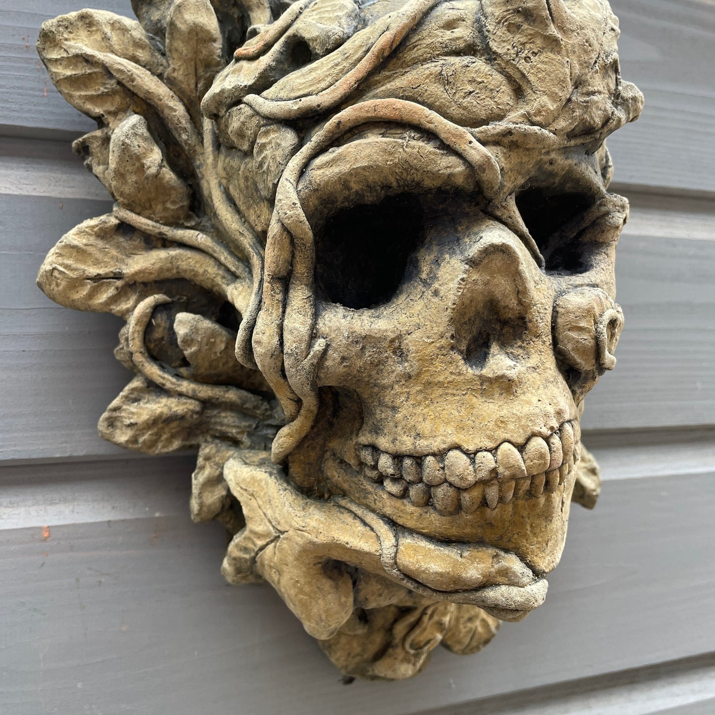 Aged Macabre Gothic Oddity: A Memento Mori Occult Spirit / Closed Mouth Green Man Skull Sculpture / Vanitas Death Mask Art Curio