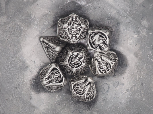 Demon Skeleton Steel Metal Hollow 7pcs D20 Dice Set-D&D Dungeons And Dragons/MTG/RPG/TableTopGames-Memento Mori/Skull/Vanitas