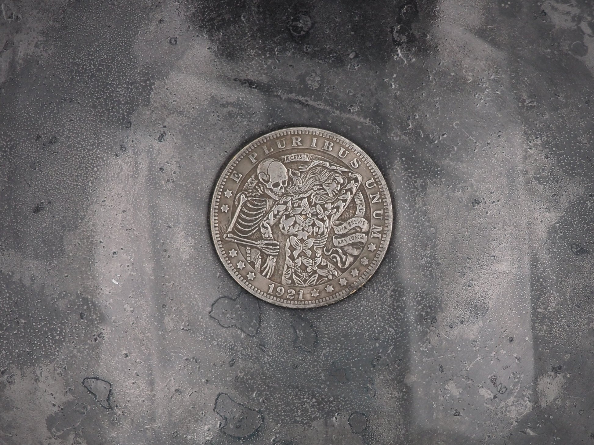 Hand Struck Morgan Dollar Butterly Lady & Skeleton Carved/Hobo/Skull/Vanitas/MementoMori/Freemasonry/Masonic .999 Silver Plated Replica Coin