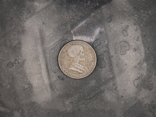 Hand Struck Half Dollar Etched With Fleur De Lis - Skull/Vanitas/MementoMori/Death/President .999 Silver Plated Replica Liberty Bell Coin