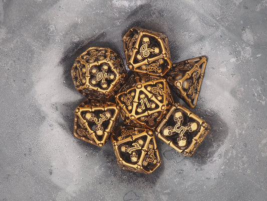 Catacombs Skeleton Copper Metal Hollow 7pcs D20 Dice Set-D&D Dungeons And Dragons/MTG/RPG/TableTopGames-Memento Mori/Skull/Vanitas/Gothic