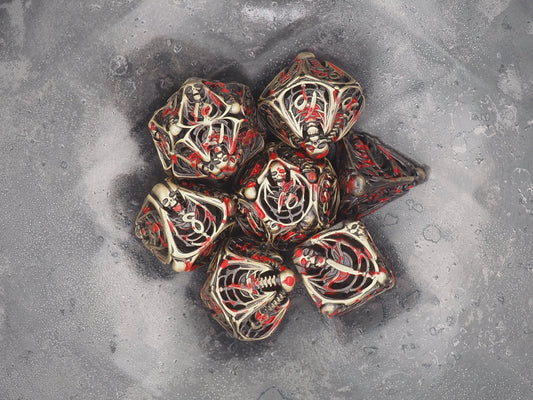 Demon Skeleton Gold Blood Stained Metal Hollow 7pcs D20 Dice Set-D&D Dungeons And Dragons/MTG/RPG/TableTopGames-Memento Mori/Skull/Vanitas