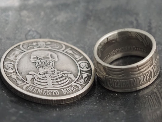 Original Memento Mori Design, Vanitas Skull Silver Plague Mourning Ring - A Heavy Hand Forged, Gothic Gift For Him Or Her - Silver Covered