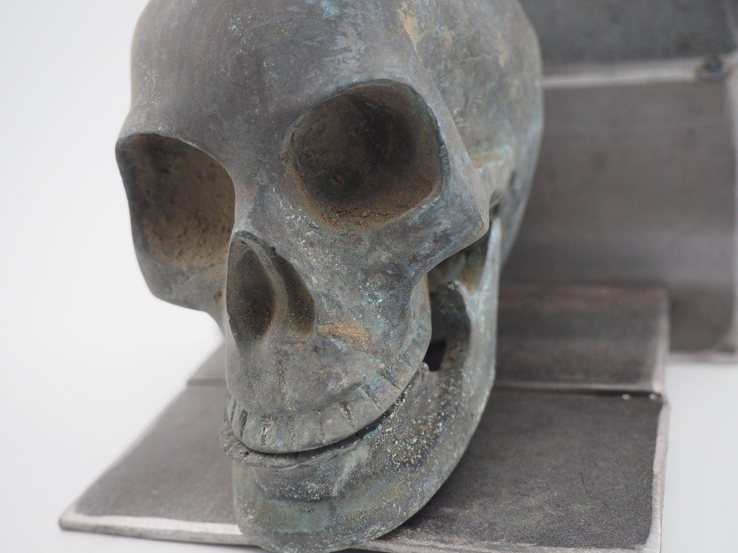 Aged Anatomical Bronzed Macabre Gothic Oddity: A Memento Mori Vanitas Skull Solid Metal Cast Sculpture / Postmortem Death Mask Art Curio