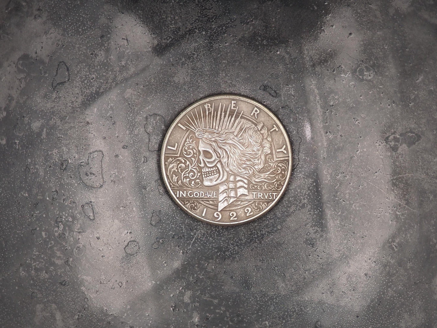 Hand Struck One Dollar Carved Skull/Memento Mori Skeleton Liberty Face - Peace Dollar .999 Silver Plated Coin/Token/Medal