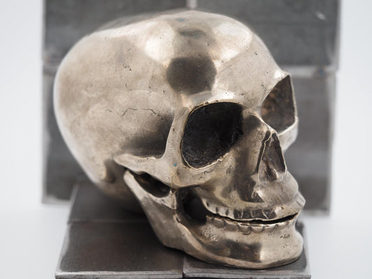 Aged Anatomical Silvered Macabre Gothic Oddity: A Memento Mori Vanitas Skull Solid Metal Cast Sculpture / Postmortem Death Mask Art Curio