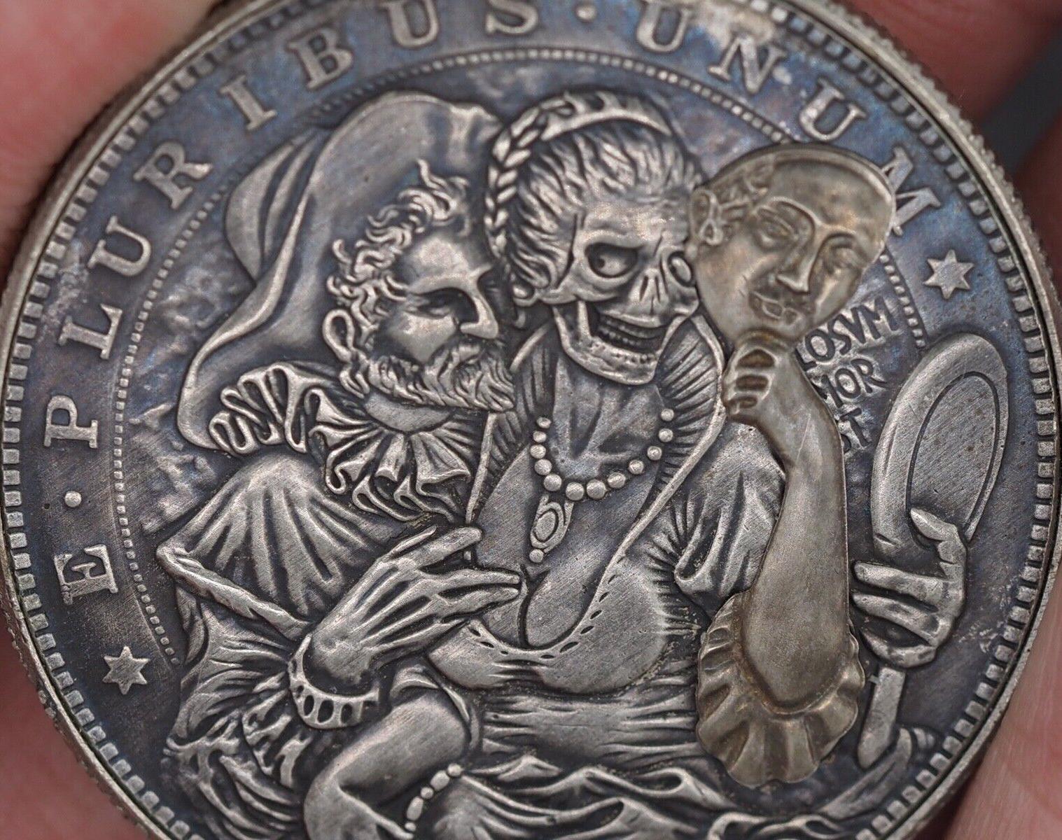 Unique Mechanical Morgan Dollar Memento Mori Vanitas/Of Masked Skull Lady .999 Silver Plated Replica Coin With Mechanism Movement