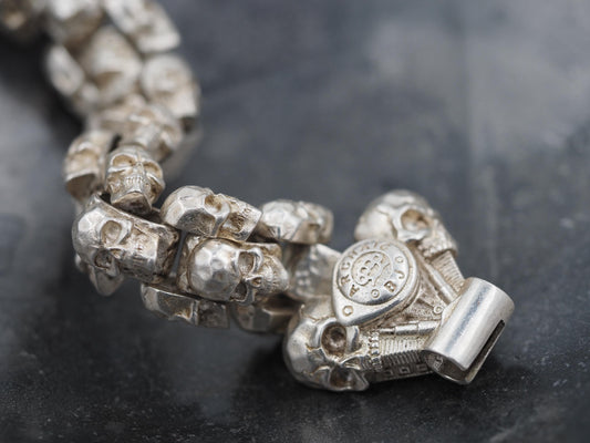 Original Memento Mori Design, Biker V2 Twin Engine Clasp Skull Bracelet - A Heavy Hand Forged, Gothic Gift For Him Or Her - Silver Covered