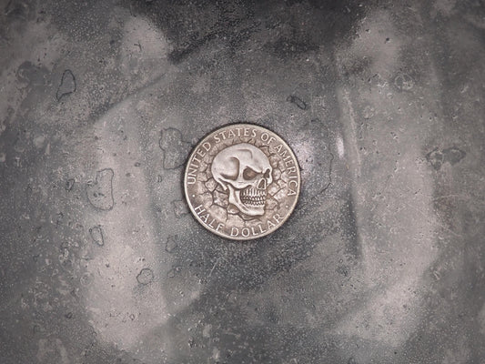 Hand Struck Half Dollar Hobo Skull - Memento Mori/Vanitas/Death .999 Silver Plated Replica Coin/Token/Medal