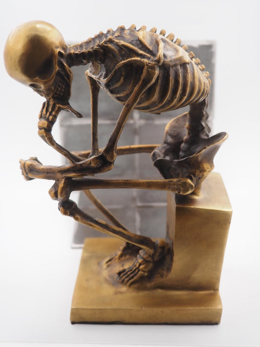 Metal Cast Gilt Bronze The Thinker - An Anatomical Skeleton Vanitas - A Memento Mori & Skull Gothic Themed Art Sculpture