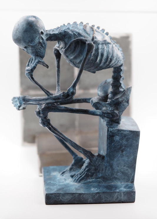 Metal Cast Verdigris Bronze The Thinker - An Anatomical Skeleton Vanitas - A Memento Mori & Skull Gothic Themed Art Sculpture