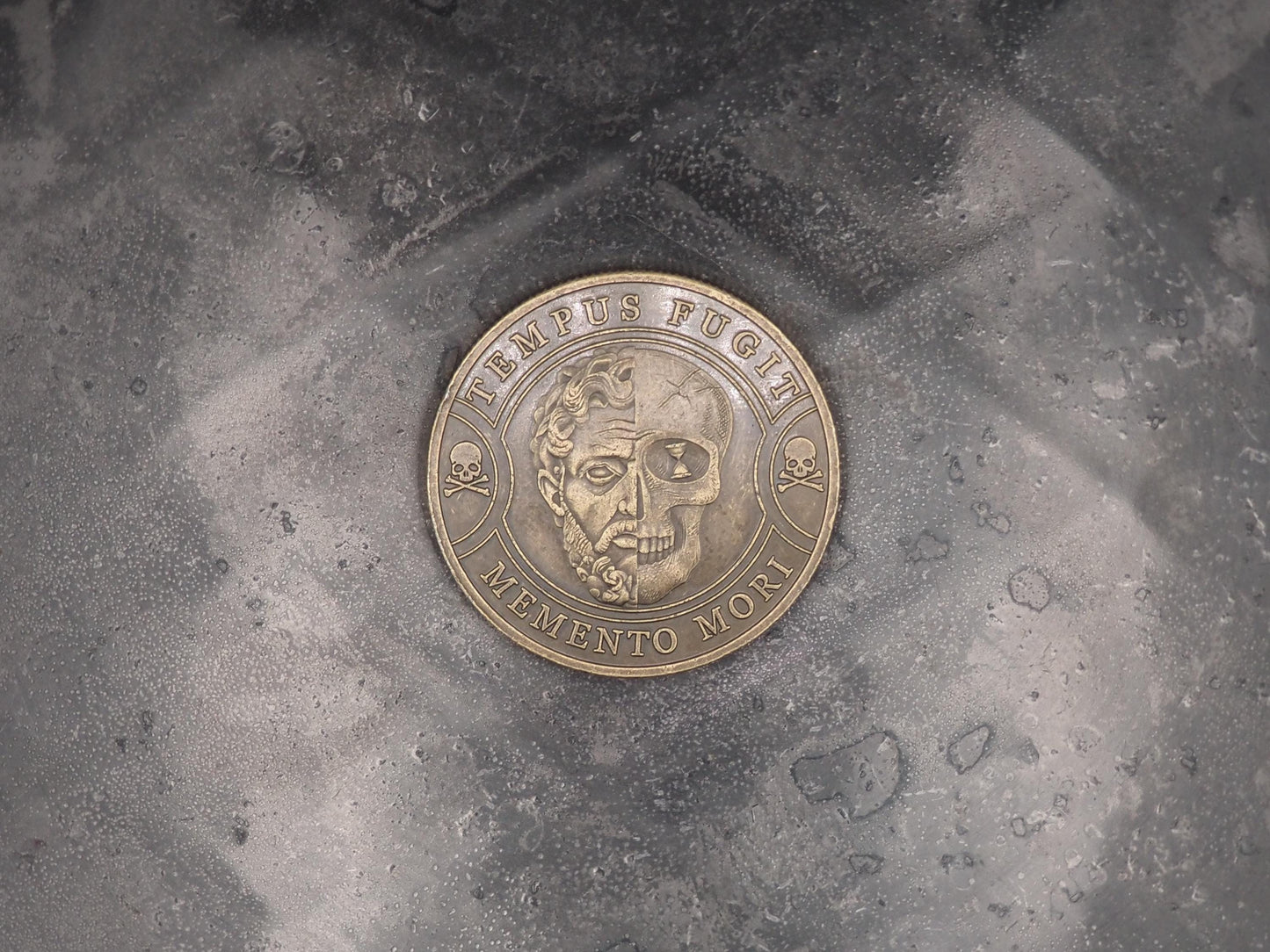 Hand Struck Metal Memento Mori Crossboned Half-Faced Skull & Hour Glass Medallion - Skull/Vanitas/Death/Medal/Collectors Coin - Aged Silver