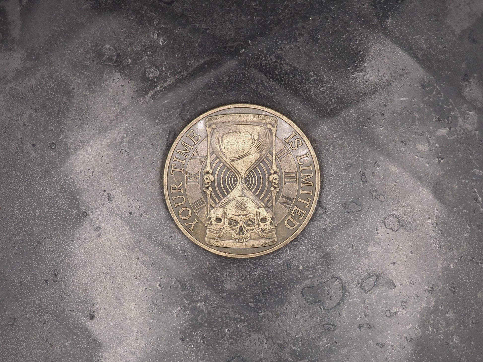 Hand Struck Metal Memento Mori Crossboned Half-Faced Skull & Hour Glass Medallion - Skull/Vanitas/Death/Medal/Collectors Coin - Gilt Bronze