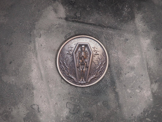 Hand Struck Metal Relief Memento Mori Coffin Mourning Medallion - Skull/Skeleton/Vanitas/Death/Gothic/Medal/Collectors Coin - Aged Silver