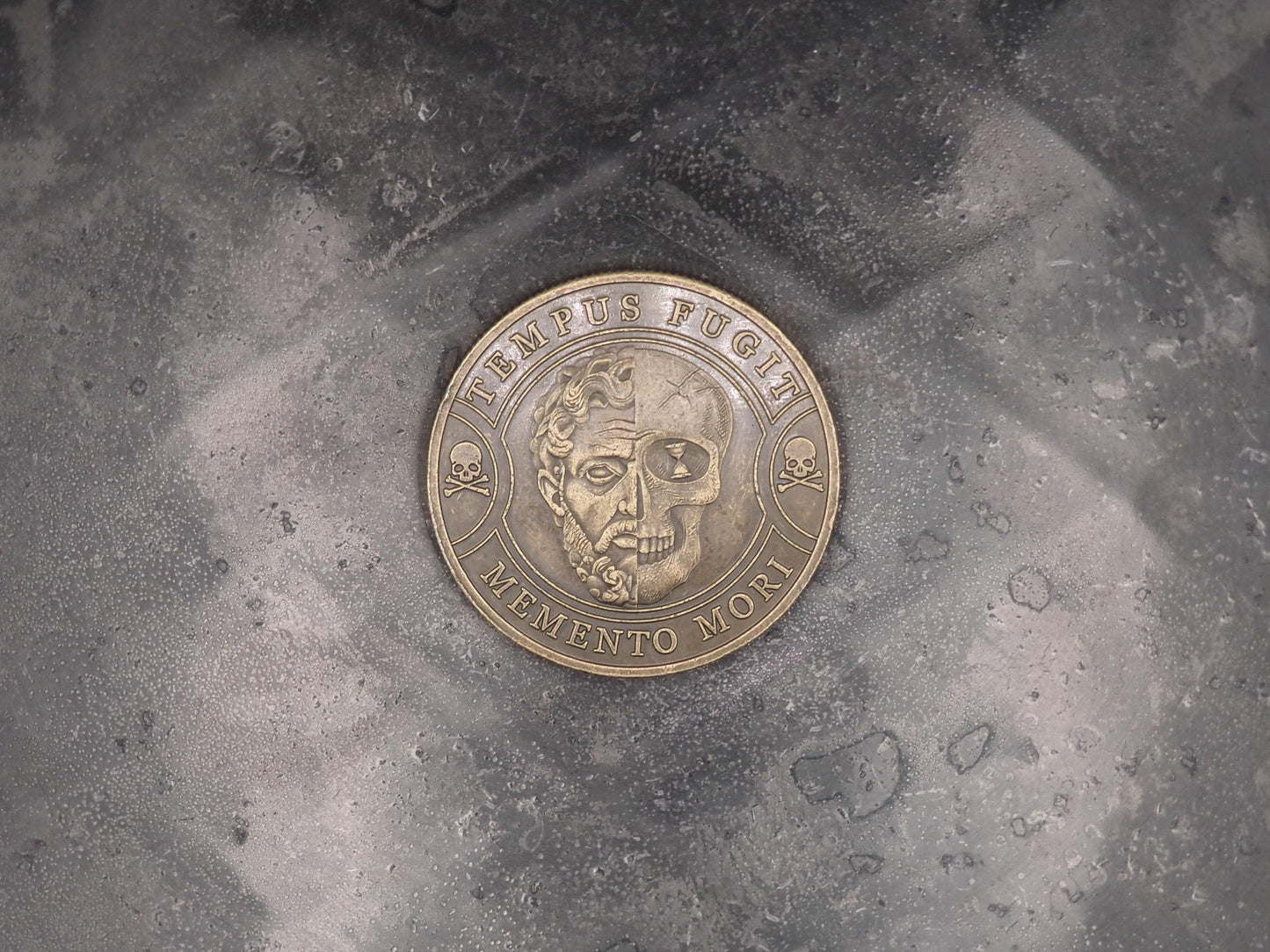 Hand Struck Metal Memento Mori Crossboned Half-Faced Skull & Hour Glass Medallion - Skull/Vanitas/Death/Medal/Collectors Coin - Gilt Bronze