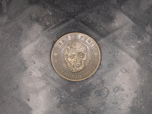 Hand Struck Metal Memento Mori Crossboned Half-Faced Skull & Hour Glass Medallion - Skull/Vanitas/Death/Medal/Collectors Coin - Gilt Bronze