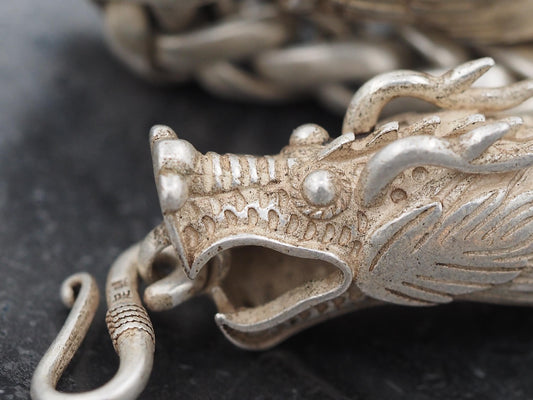 Dragon Head Crest Vanitas Hook Bracelet - A Fine Hand Forged, Mythic/Fantasy MTG/RPG/D&D Gift For Him Or Her - Silver Covered