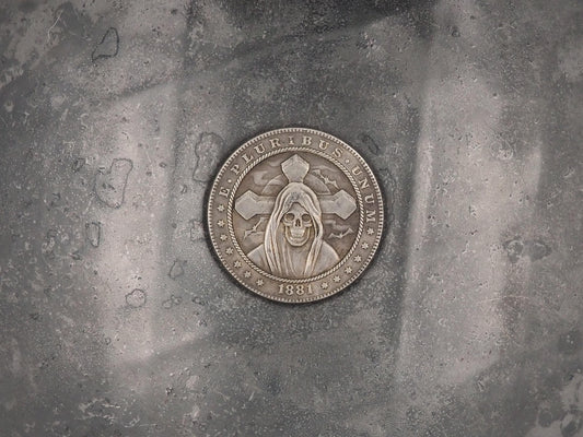 Hand Struck Morgan Silver Dollar Carved Memento Mori Deaths Grave .999 Silver Plated Replica Coin/Token/Medal