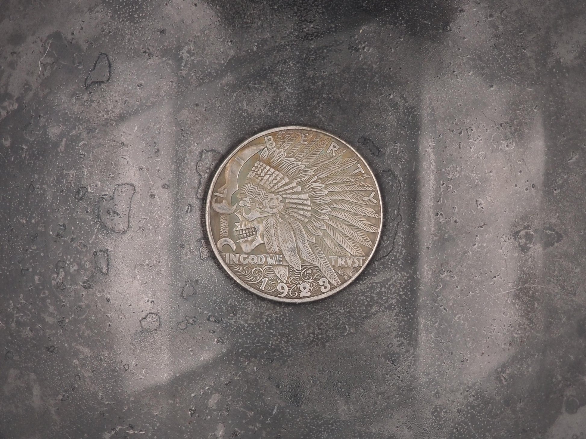 Hand Struck One Dollar Native American Warrior - Peace Dollar - Skeleton/Skull/Memento Mori .999 Silver Plated Peace Dollar Coin/Token/Medal