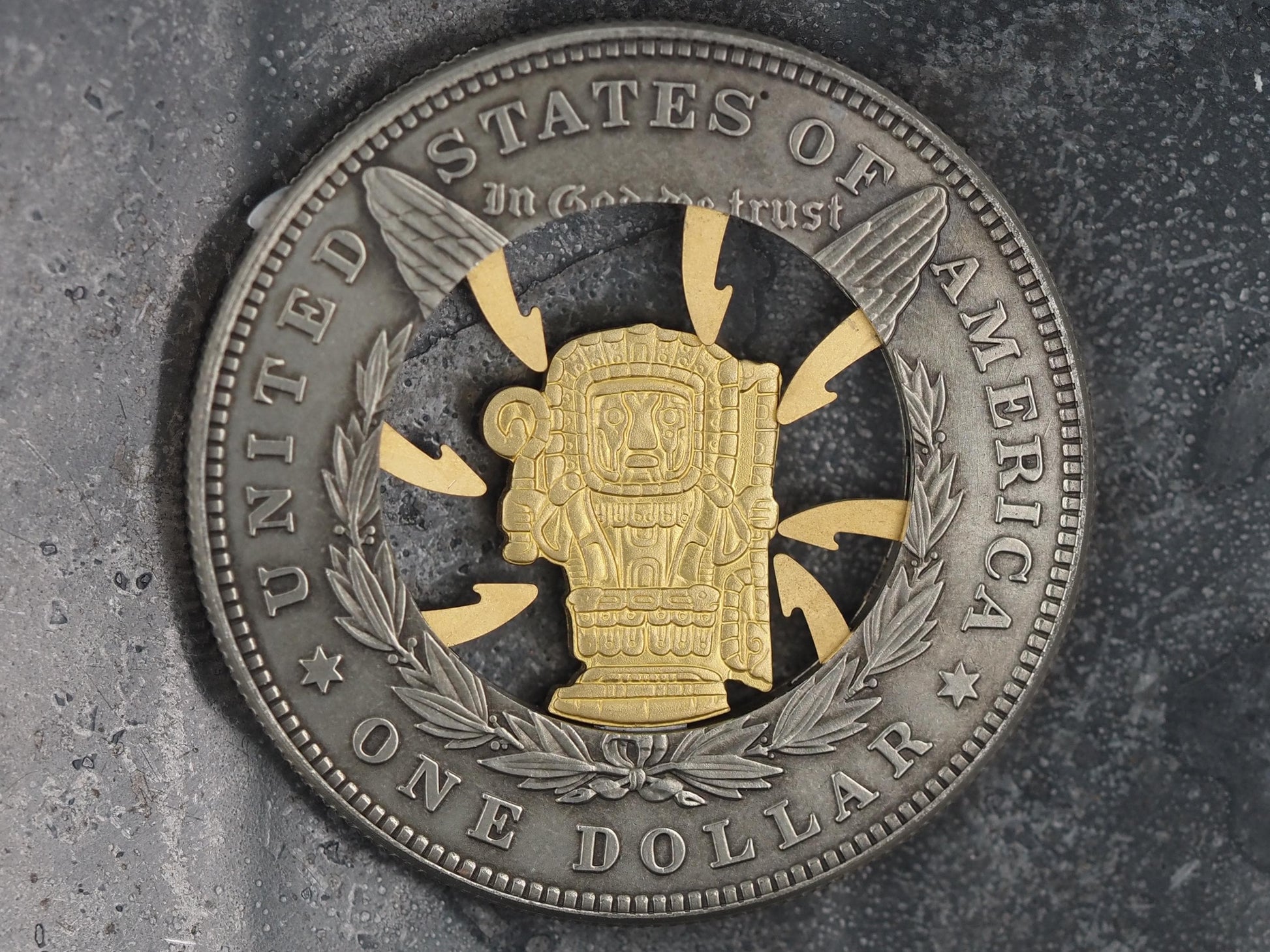 Mechanical Morgan Dollar Mayan / Mesoamerican Memento Mori Skull Hieroglyph .999 Plated Replica Coin With Mechanism Movement - (Silver Face)