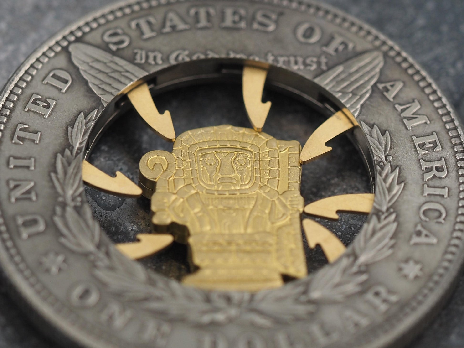 Mechanical Morgan Dollar Mayan / Mesoamerican Memento Mori Skull Hieroglyph .999 Plated Replica Coin With Mechanism Movement - (Gold Face)