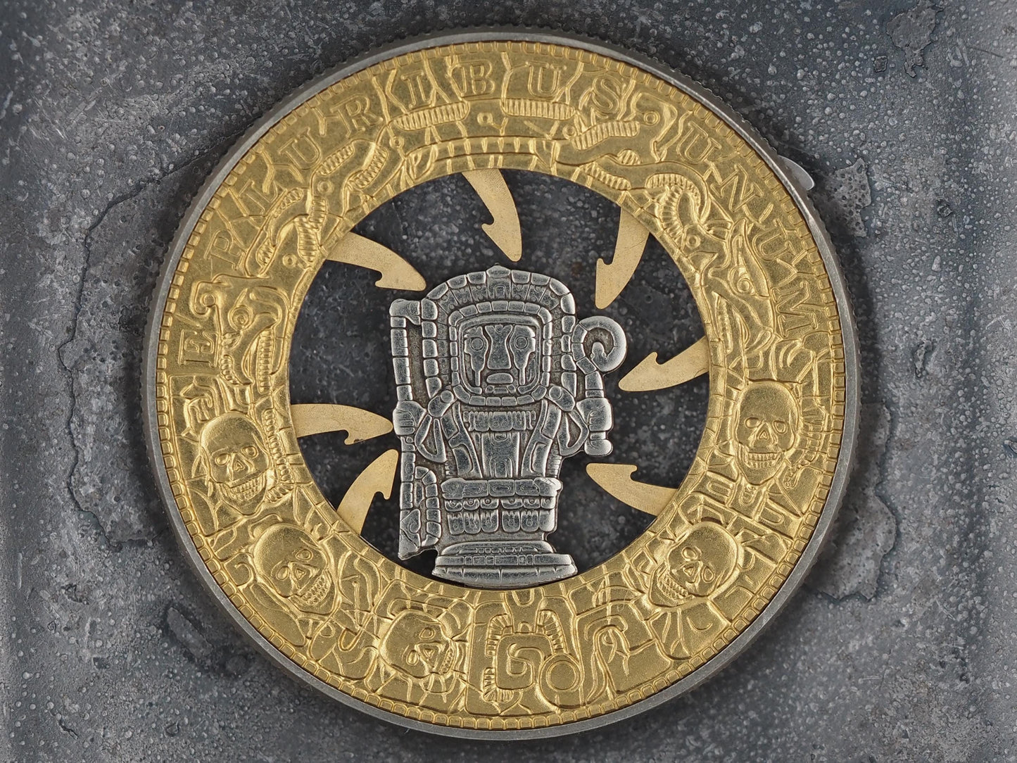 Mechanical Morgan Dollar Mayan / Mesoamerican Memento Mori Skull Hieroglyph .999 Plated Replica Coin With Mechanism Movement - (Silver Face)