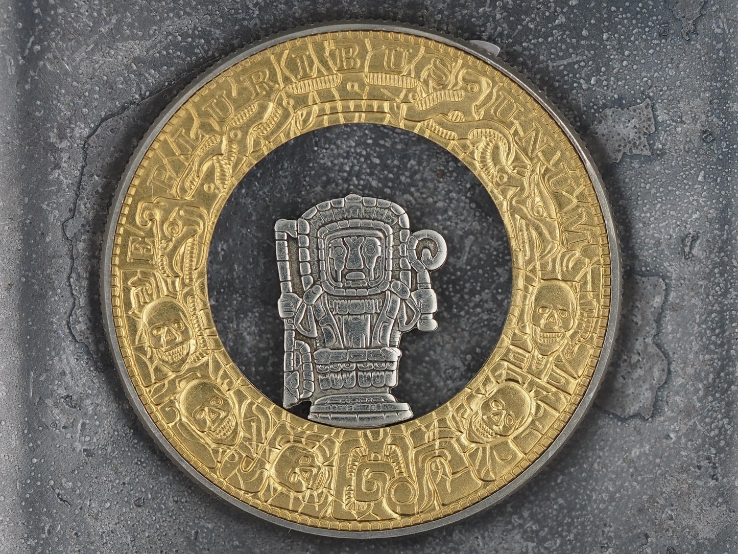 Mechanical Morgan Dollar Mayan / Mesoamerican Memento Mori Skull Hieroglyph .999 Plated Replica Coin With Mechanism Movement - (Silver Face)