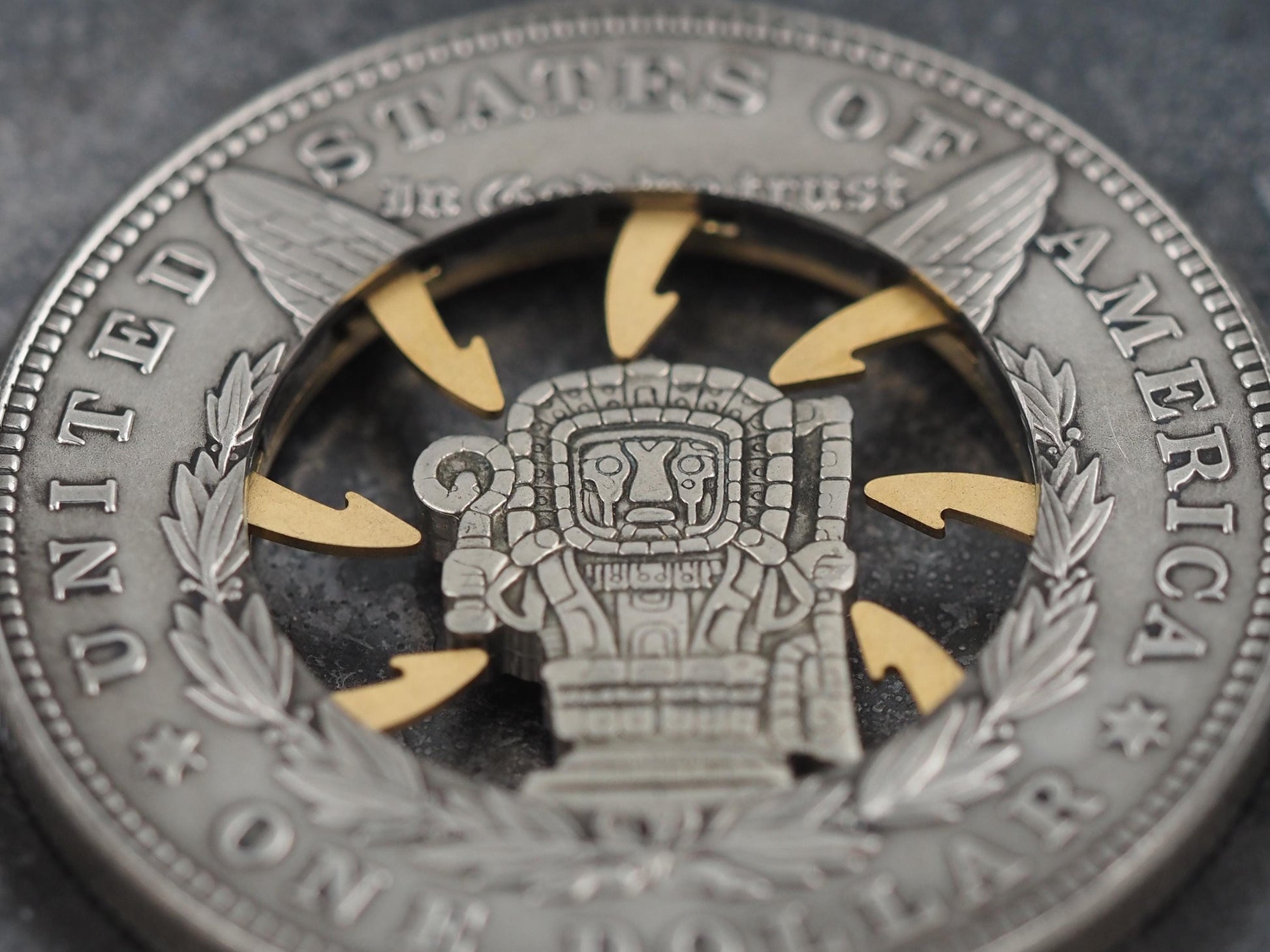 Mechanical Morgan Dollar Mayan / Mesoamerican Memento Mori Skull Hieroglyph .999 Plated Replica Coin With Mechanism Movement - (Gold Face)