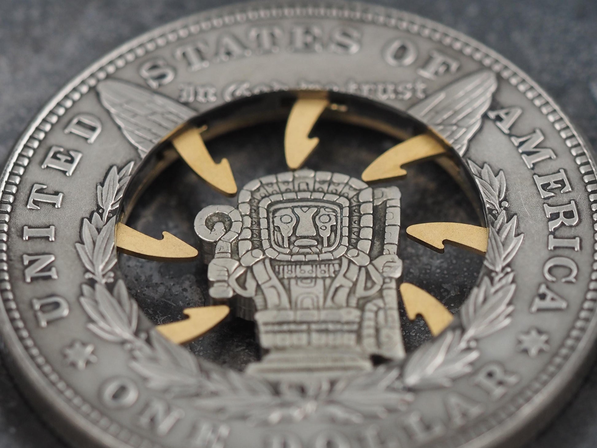 Mechanical Morgan Dollar Mayan / Mesoamerican Memento Mori Skull Hieroglyph .999 Plated Replica Coin With Mechanism Movement - (Silver Face)