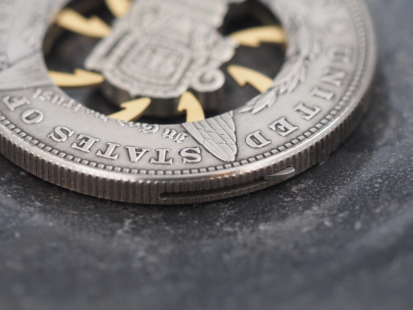 Mechanical Morgan Dollar Mayan / Mesoamerican Memento Mori Skull Hieroglyph .999 Plated Replica Coin With Mechanism Movement - (Gold Face)