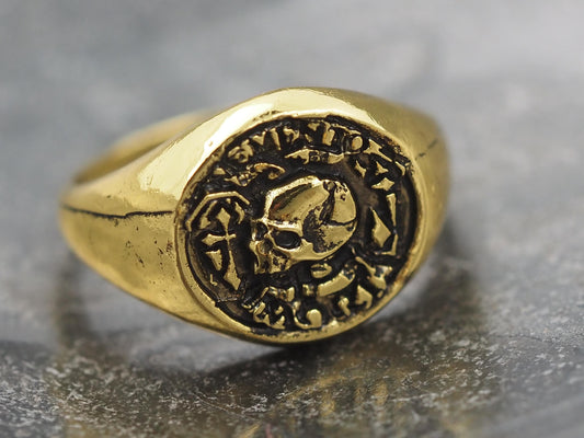 Original Memento Mori Skull Signet Ring - A Heavy Hand Forged, Gothic Gift For Him Or Her - Gold Covered - Highly Polished - Lost Wax