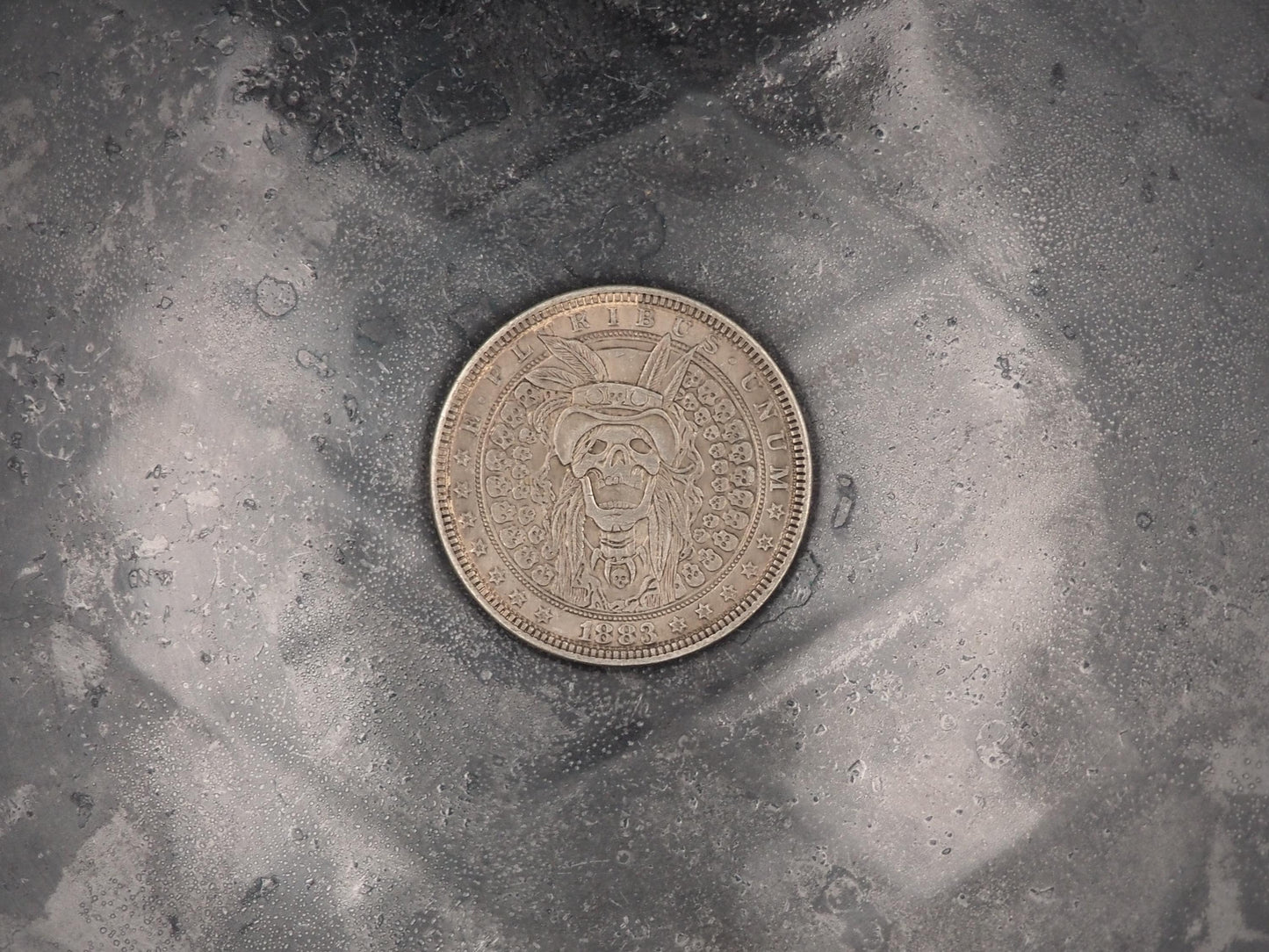 Hand Struck Skeleton Vagabond Rocker Skull Busker - U.S.A. Morgan Dollar .999 Plated Replica Coin/Token For A Cabinet Of Curiosities