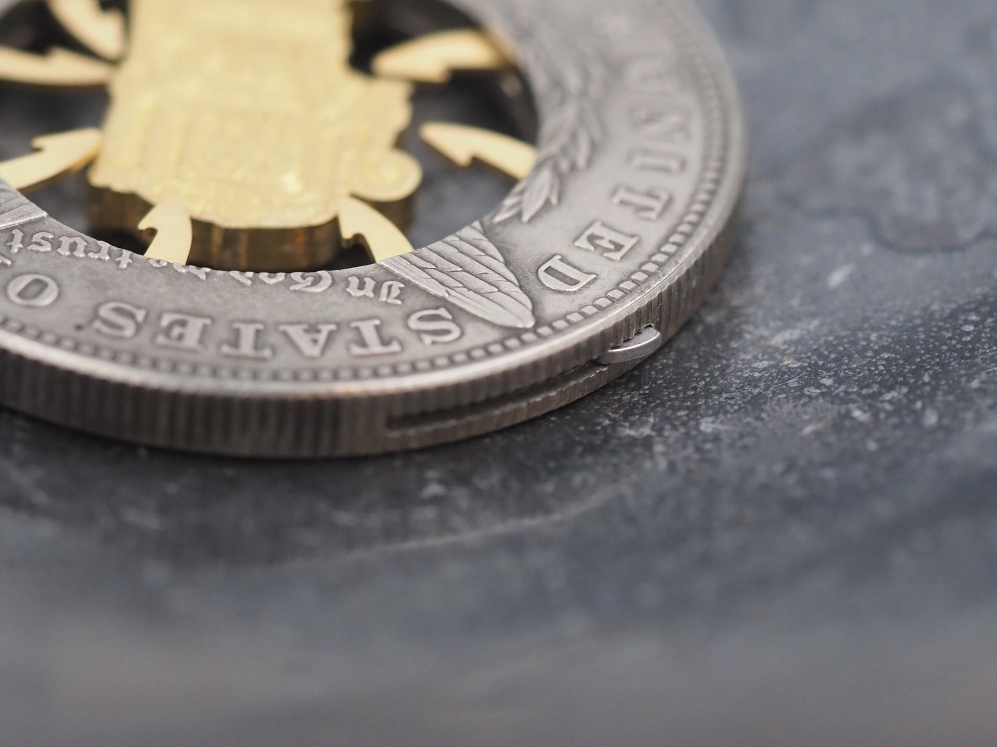 Mechanical Morgan Dollar Mayan / Mesoamerican Memento Mori Skull Hieroglyph .999 Plated Replica Coin With Mechanism Movement - (Gold Face)