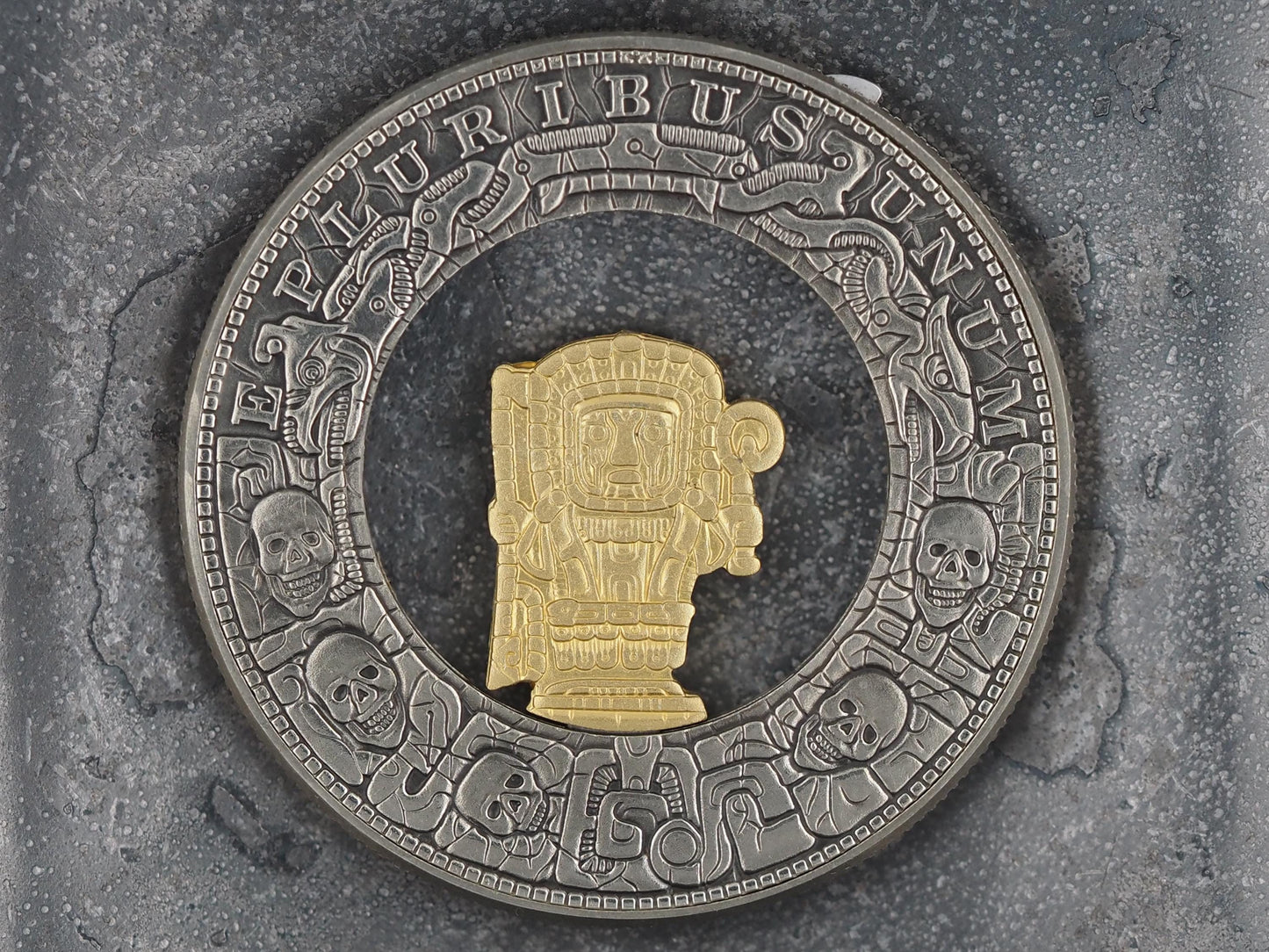 Mechanical Morgan Dollar Mayan / Mesoamerican Memento Mori Skull Hieroglyph .999 Plated Replica Coin With Mechanism Movement - (Silver Face)