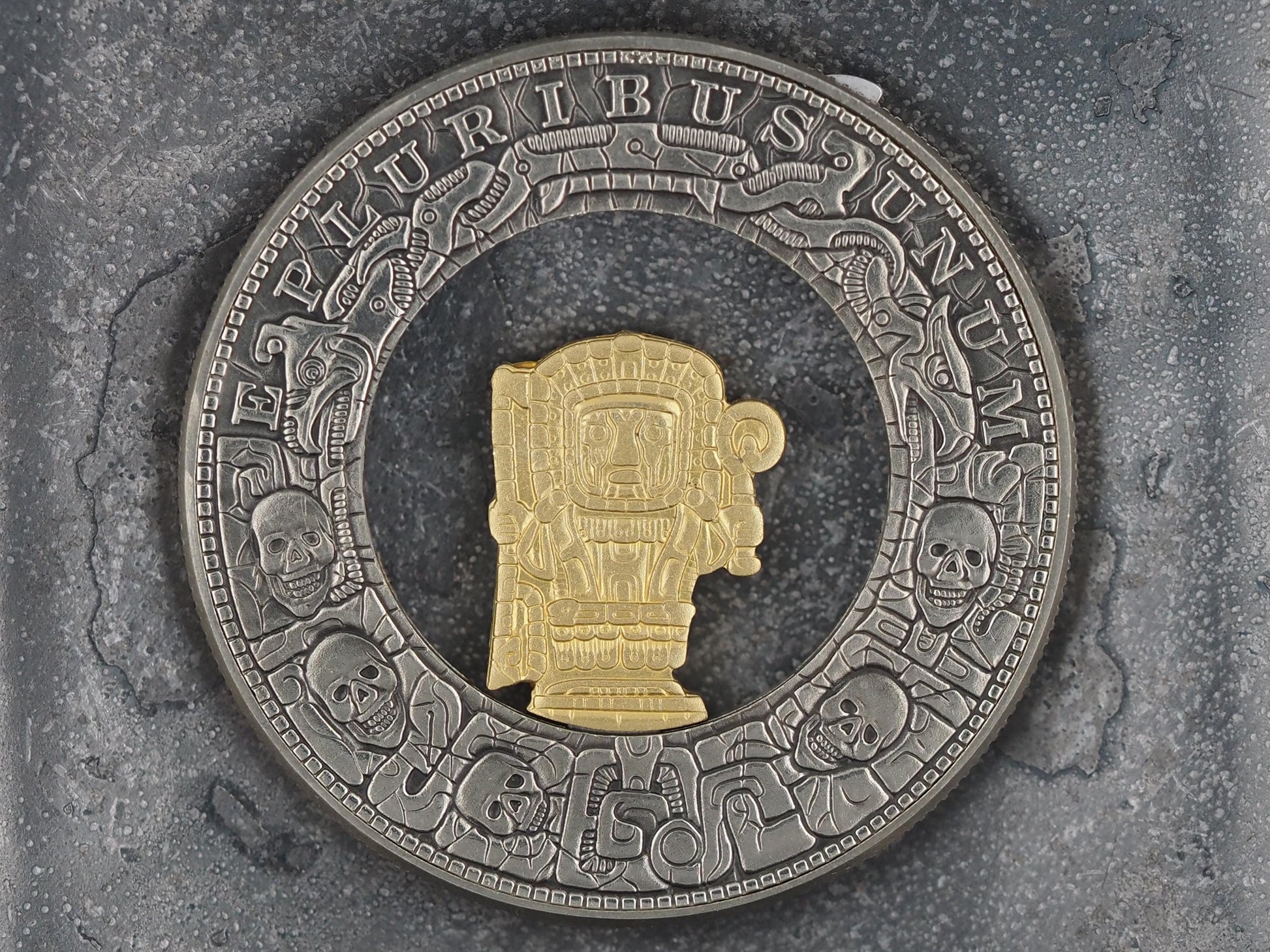 Mechanical Morgan Dollar Mayan / Mesoamerican Memento Mori Skull Hieroglyph .999 Plated Replica Coin With Mechanism Movement - (Silver Face)