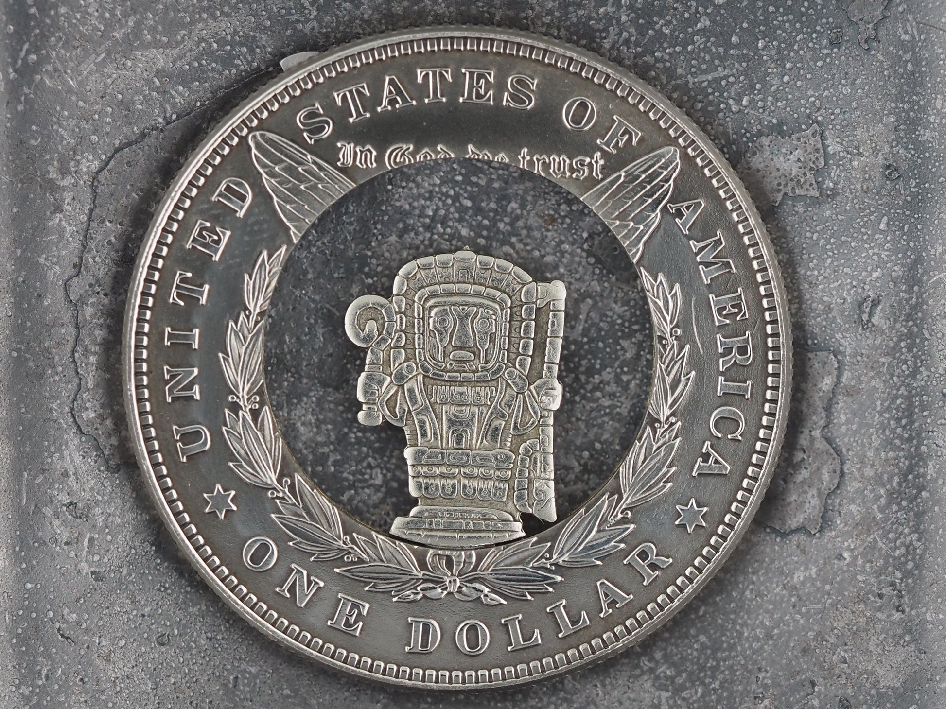 Mechanical Morgan Dollar Mayan / Mesoamerican Memento Mori Skull Hieroglyph .999 Plated Replica Coin With Mechanism Movement - (Silver Face)