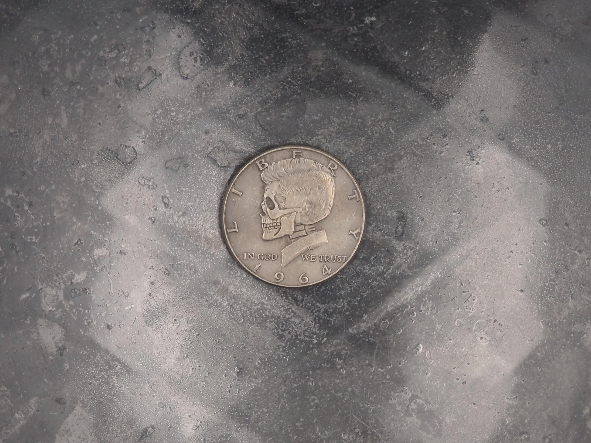 Hand Struck Half Dollar Carved President - Liberty "1964" - Skull/Vanitas/MementoMori/Death .999 Silver Plated Replica Coin