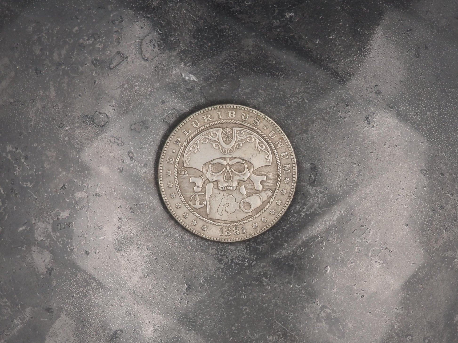 Hand Struck Morgan Dollar - Pirate Skull, Map & Spyglass Sigil -Skull/Memento Mori Replica Coin/Token/Medal