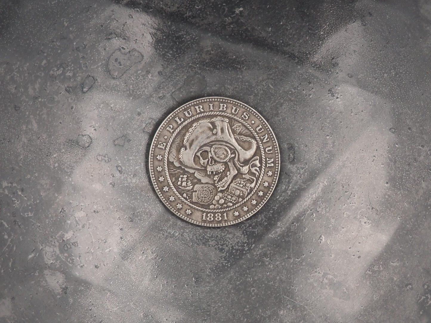 Hand Struck Morgan Dollar - Eye Patch Pirate Skull & Treasure Sigil -Skull/Memento Mori Replica Coin/Token/Medal